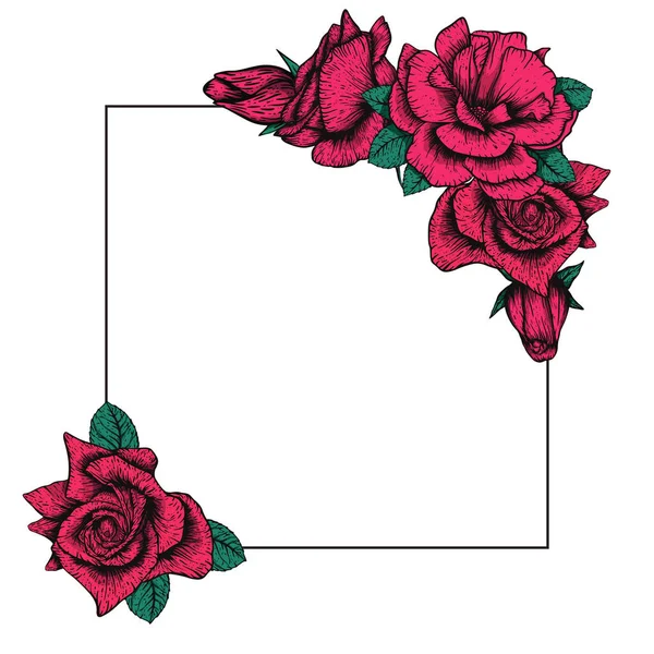 Handdrawn etching roses ribbons and flowers for greeting card design. Vector flowers wreath frame — 스톡 벡터