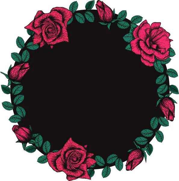 Handdrawn etching roses ribbons and flowers for greeting card design. Vector flowers wreath frame — 스톡 벡터