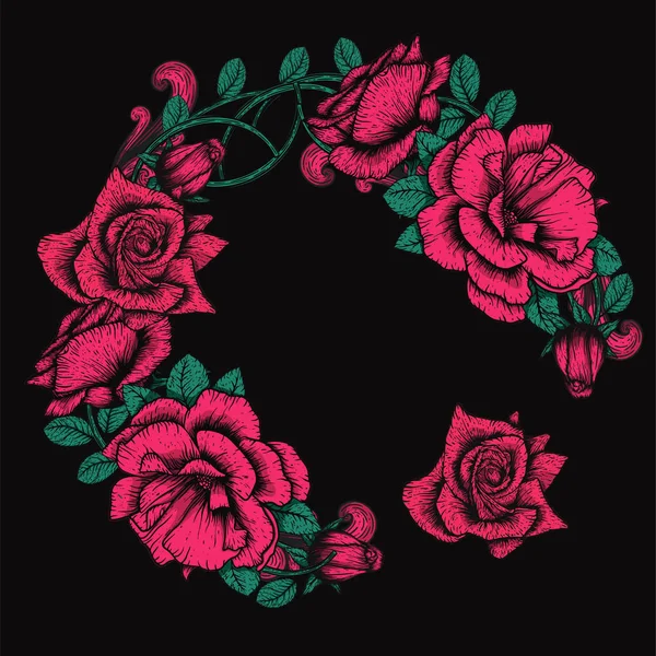 Gravura artesanal rosas fitas e flores para o design do cartão de saudação. Moldura de coroa de flores de vetor —  Vetores de Stock