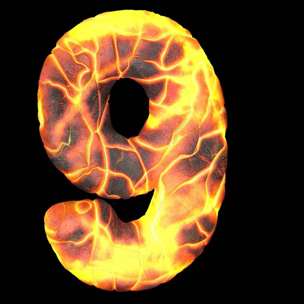 Vulkanischen hebräischen Alphabet und Zahl 3d Rendering von vulkanischen Schrift mit Lava isoliert auf schwarzem Hintergrund. Halloween-Konzept. 3D-Illustration — Stockfoto