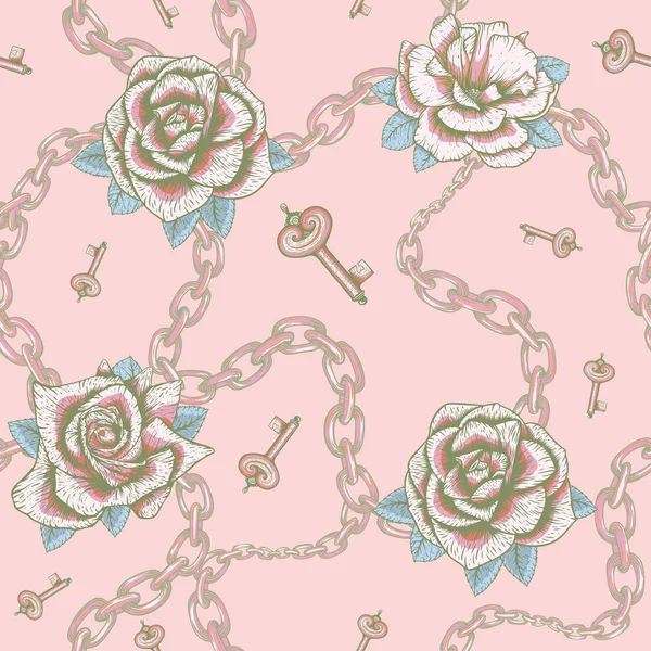 Kette und Rosen Luxusmuster im Retro-Luxus-Stil auf goldenem Hintergrund. Textildesign. modernen Stil. Schönheitsstil. Texturvektor für barocke Muster. — Stockvektor