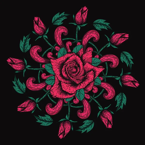 Rubans roses et fleurs dessinés à la main pour la conception de la carte de vœux. Cadre de couronne de fleurs vectorielles — Image vectorielle