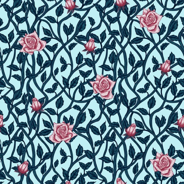 Seamless floral pattern with rose blossom in art nouveau style, modern, tatoo, vintage, old, retro style. Colored illustration. In blue and pink colors — Stock Photo, Image