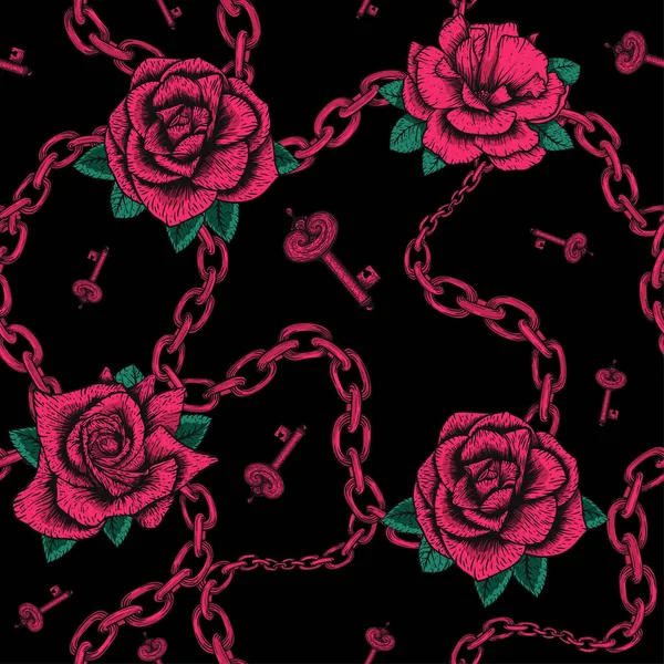 Patrón de lujo de cadena y rosas en estilo retro de lujo sobre fondo dorado. Diseño textil. Estilo moderno. Estilo de belleza. Patrón barroco textura vector . — Vector de stock