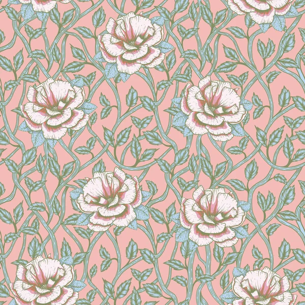 Naadloos bloemenpatroon met rozenbloesem in art nouveau stijl, modern, tatoo, vintage, oud, retro stijl. Gekleurde illustratie. In blauwe en roze kleuren — Stockfoto