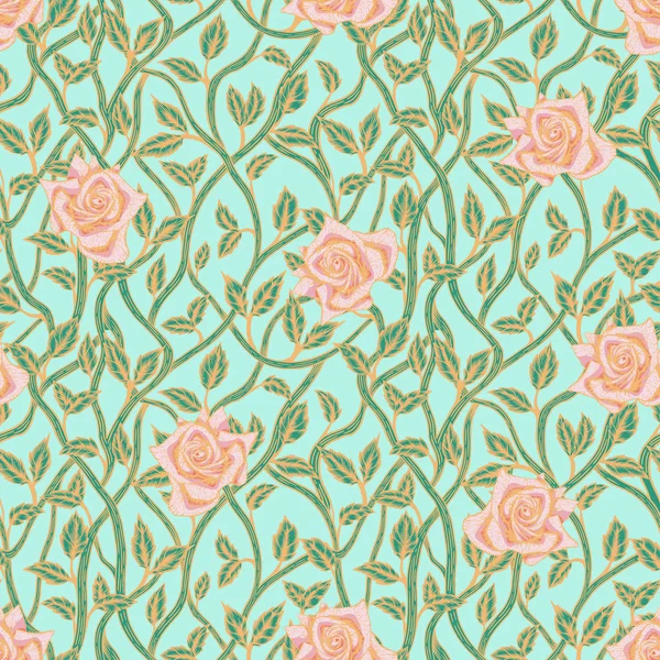 Seamless floral pattern with rose blossom in art nouveau style, modern, tatoo, vintage, old, retro style. Colored illustration. In green and pink colors — Stock Photo, Image