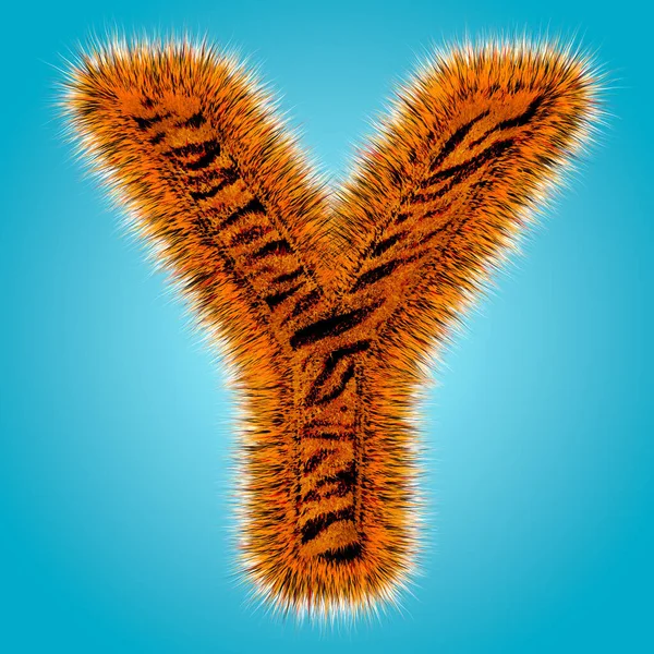 Alfabeto inglês tigre e renderização 3D número de fonte de pele engraçado isolado em fundo azul. Conceito de Halloween. ilustração 3d — Fotografia de Stock