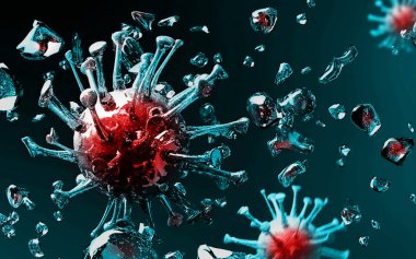 Karanlık zemine su sıçrayan dinamik virüs hücreleri. Roman Coronavirus covid 19-NCP RNA kavramı