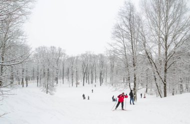 Kar kış parkta insanlar yürümek