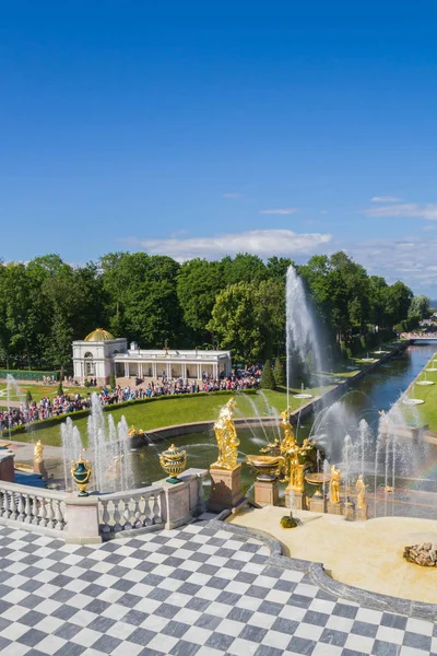 在夏天在彼得夏宫喷泉著名的公园 — 图库照片