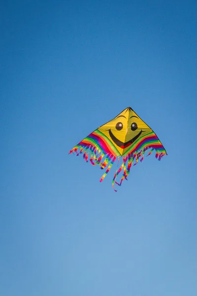 Веселые и яркие воздушные змеи в голубом небе — стоковое фото