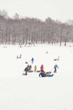 Tepelerin kar ile cheesecakes kızağı ve sno pateni kış eğlence