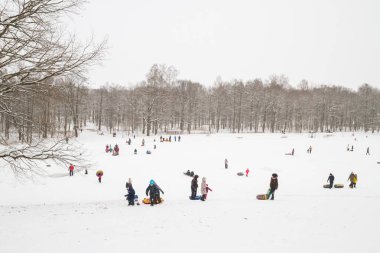 Tepelerin kar ile cheesecakes kızağı ve sno pateni kış eğlence