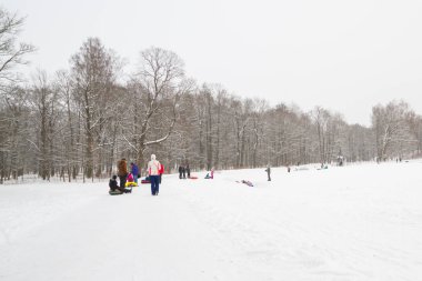 Tepelerin kar ile cheesecakes kızağı ve sno pateni kış eğlence