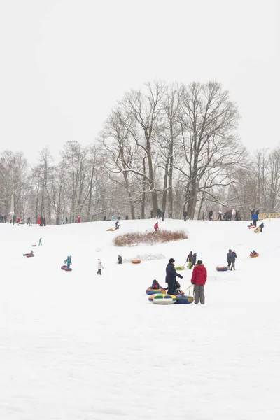 Collines de patinage amusantes d'hiver avec neige sur cheesecakes traîneau et sno — Photo