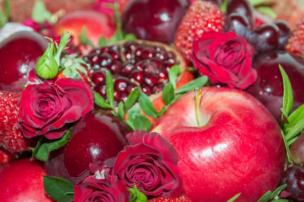 Bright red beautiful bouquet of fruits and flowers — Stock Image Bright red beautiful bouquet of fruits and flowers Royalty Free Stock Images
