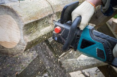 Günlükleri elektrikli testereyle yakacak odun için kesmek