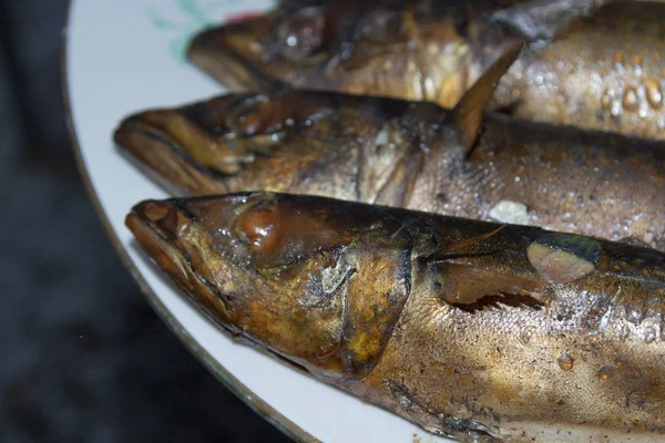 Mackerel peixe fresco fumado encontra-se quente em uma placa de cerâmica — Fotografia de Stock