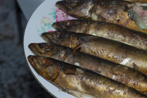 Mackerel peixe fresco fumado encontra-se quente em uma placa de cerâmica — Fotografia de Stock