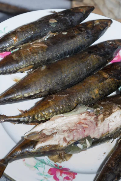 Mackerel peixe fresco fumado encontra-se quente em uma placa de cerâmica — Fotografia de Stock