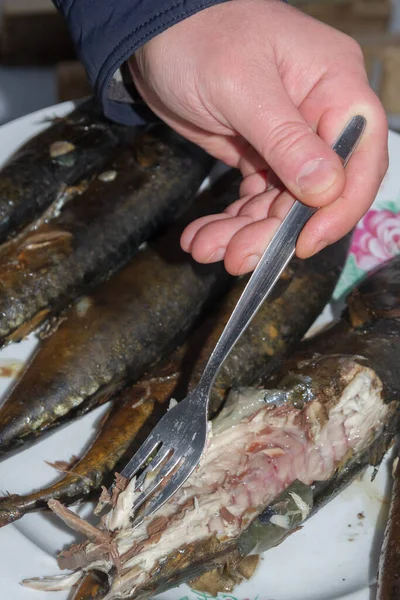 Geräucherte Frische Makrele Liegt Heiß Auf Einem Keramikteller — Stockfoto