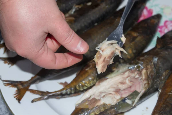 Mackerel Peixe Fresco Fumado Encontra Quente Uma Placa Cerâmica — Fotografia de Stock