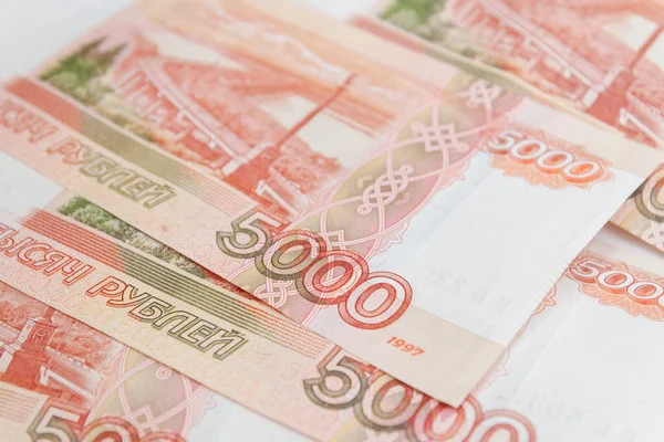 Russian Five Thousandth Banknotes Lie Table — Stock Photo, Image