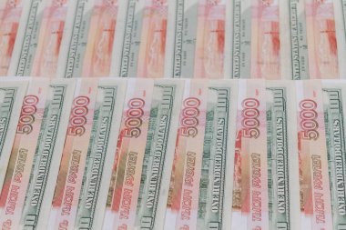 Çok sayıda Amerikan yüz dolarlık banknotlar ve Rus beşbin dolarlık banknotlar.