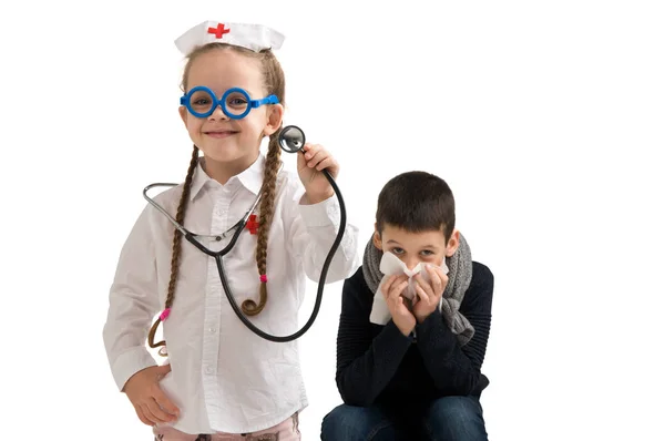 Seasonal flu epidemic. little girl in nurse costume.