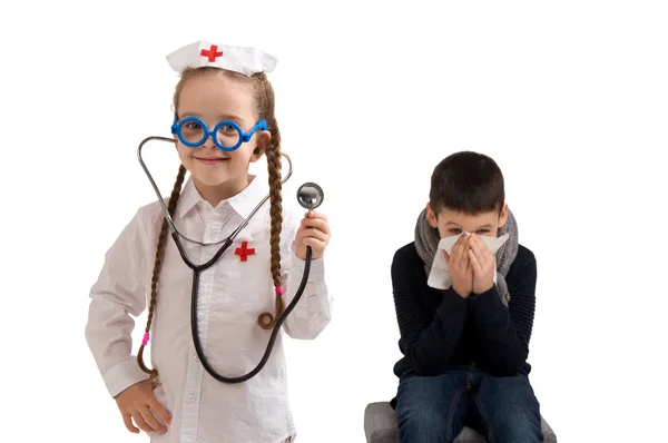 Little girl in nurse costume. Seasonal flu epidemic — Stock Photo, Image