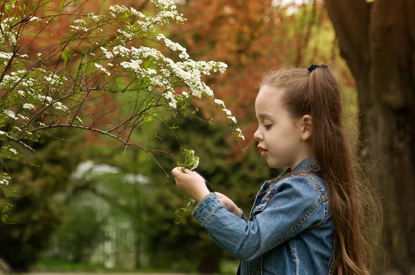 Menina explora na natureza através de uma lupa — Fotografia de Stock