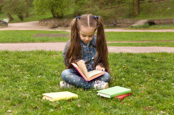 작은 여 학생 자연에서 책을 읽고 있다. 스마트 작은 pupi — 스톡 사진
