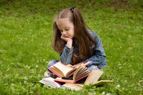 La colegiala está leyendo un libro en la naturaleza. Pequeño cachorro inteligente — Foto de Stock