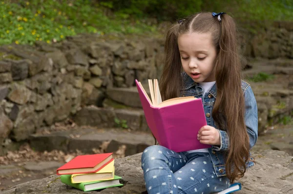 La colegiala está leyendo un libro en la naturaleza. Pequeño cachorro inteligente — Foto de Stock