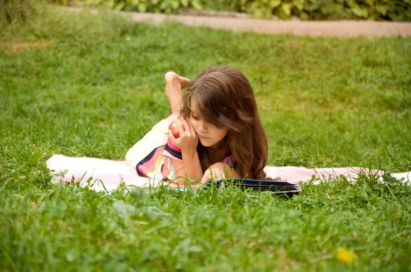 Pequeño alumno inteligente está leyendo libro — Foto de Stock