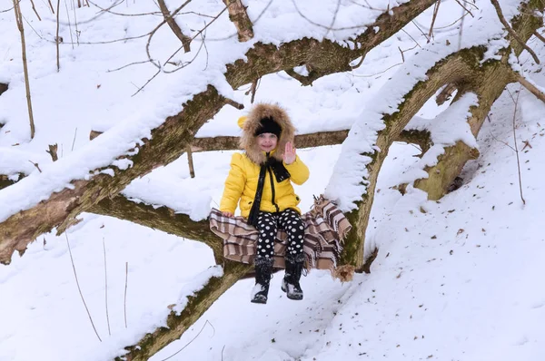 Маленькая девочка играет в снегу зимой . — стоковое фото