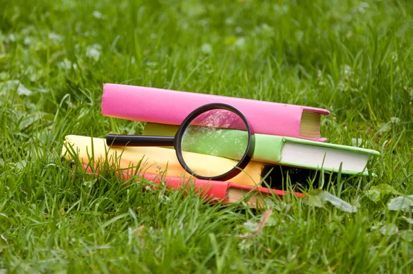Läroböcker ligga på det gröna gräset. — Stockfoto