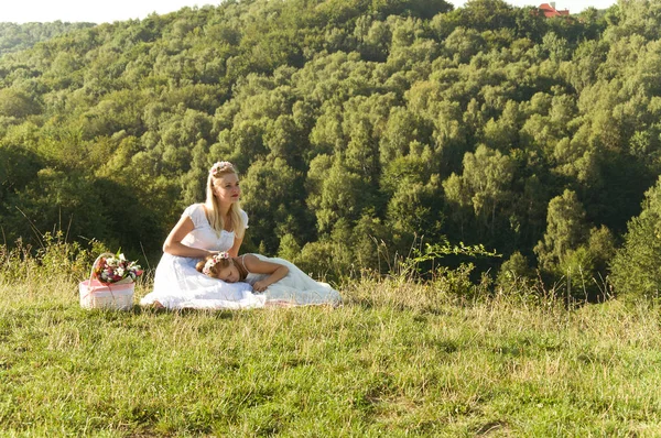 Mother and daughter spend a weekend in nature. holiday in nature