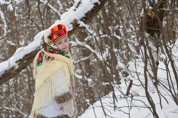 Menina na floresta de inverno. vestido com o nacional ucraniano — Fotografia de Stock