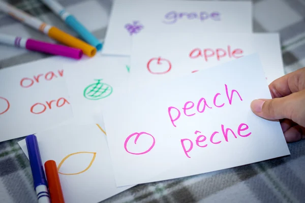 Французька; Вивчення нової мови з плодів ім'я флеш-карт — стокове фото