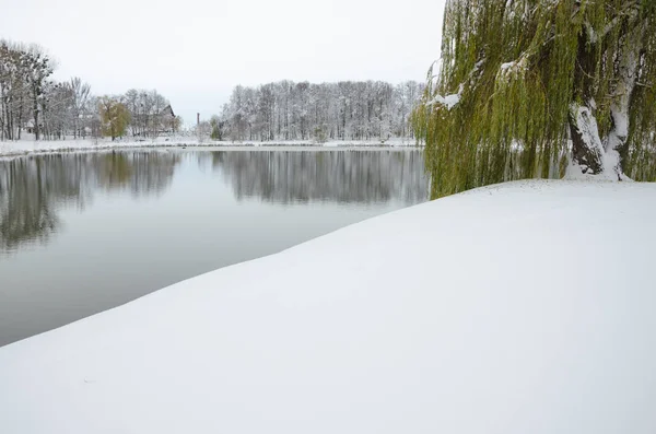 Dark Lake Reflection.Mystical landscape on a winter day with heavy snow.