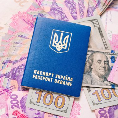 Belge ve damgalar ve işaretleri ile dolar ve hrivna Ukrayna pasaportu