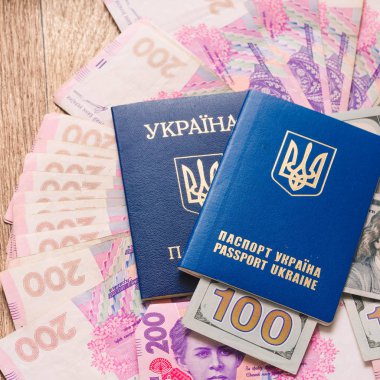 Belge ve damgalar ve işaretleri ile dolar ve hrivna Ukrayna pasaportu