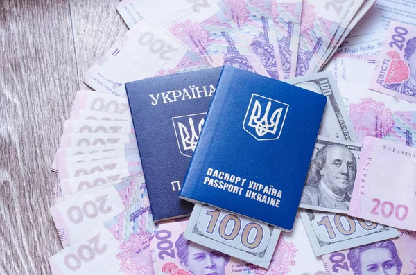 Украинский паспорт с документами и штампами и табличками с долларами и гривной — стоковое фото