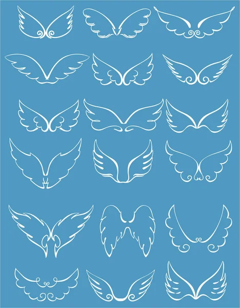 漫画の天使の翼を設定します。手描きの翼、漫画の鳥や天使のスケッチアイコン — ストックベクタ