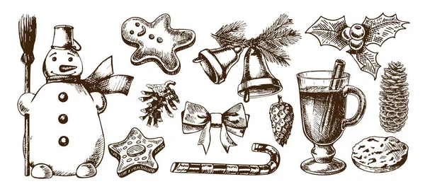Ícones de Natal desenhado à mão conjunto de esboço. Árvore de Natal, grinalda de Natal, boneco de neve, presente, biscoito, sino, doces, elementos de decoração —  Vetores de Stock
