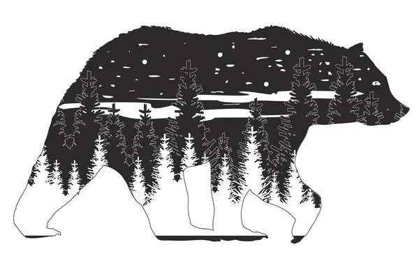 Siluet beruang. Di dalam hutan pinus dengan pegunungan, jalan dan bulan  . Stok Ilustrasi 