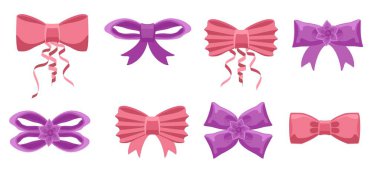 Bowknot hazır. Çizgi film vektörü pembe ve mor kurdeleler Xmas hediyeleri için saten yaylar