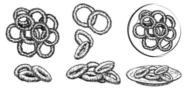 Elle çizilmiş eskiz stili kavrulmuş soğan halkaları. Sokak fast food vektör illüstrasyonları koleksiyonu