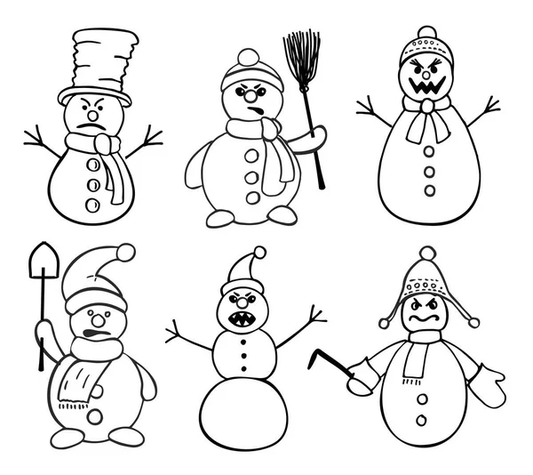 Boze sneeuwpoppen.Vector illustratie op witte achtergrond. Ontevreden sneeuwmannen — Stockvector